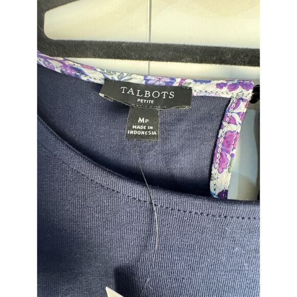 Talbots Puff Sleeve Floral Knit Blouse Navy Button PM Petites - Picture 2 of 4
